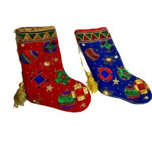Vintage Handmade Velvet Christmas Stockings Sequined Ornament Applique Set Of 2
